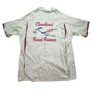 Vintage Style Eyes Bowling Shirt Mens L White Cleveland Road Runner Looney Tunes